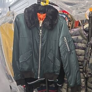 Topshop Green Bomber Jacket with Fur Collar And Orange Quilted Lining light wear